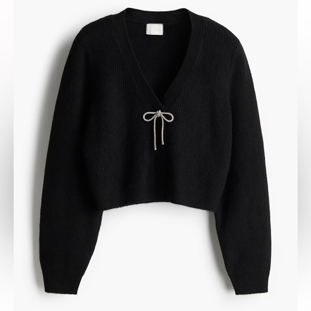 H&M black v neck wool knit sweater bow cardigan silver rhinestone bow closure